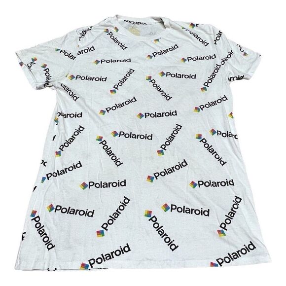 Polaroid Shirt Men's Medium White All Over Print Logo Graphic Crew Short Sleeve - Picture 1 of 6